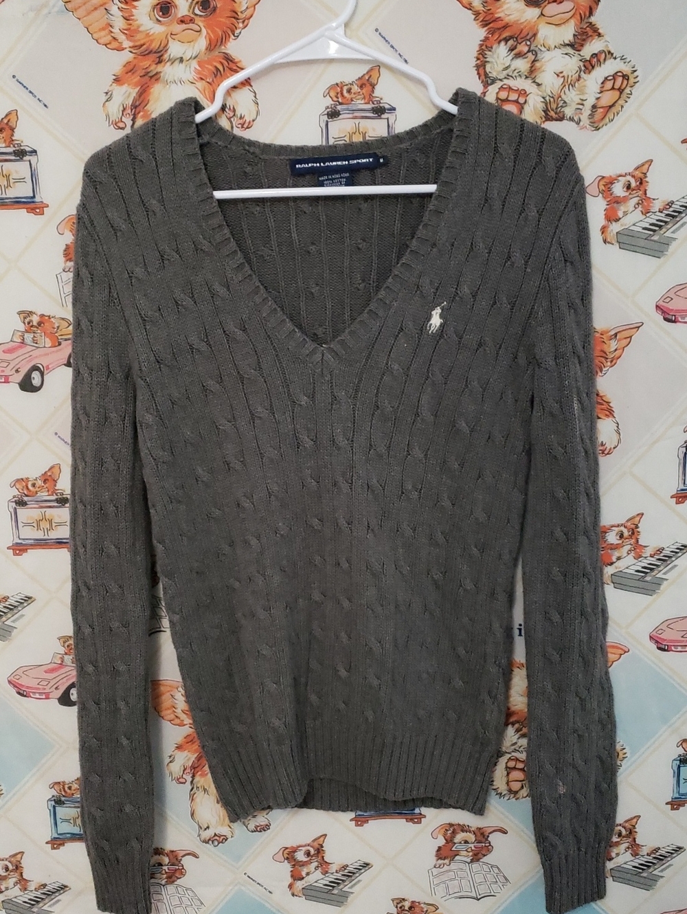 Ralph Lauren Olive Cable-Knit V-Neck Sweater Size M